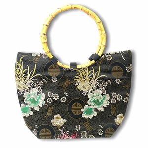 Bamboo Handle Black Asian Print Floral Round Wood Handle Canvas Handbag